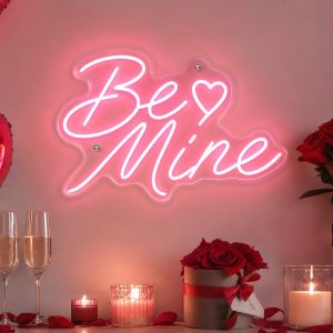 Custom Be Mine Valentine's Day LED neon sign for romantic celebrations. Contour-cut acrylic backing,