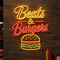 Beats and Burgers LED neon sign with music and burger icons