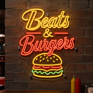 beats-and-burgers-neon-sign Beats and Burgers LED neon sign with music and burger icons