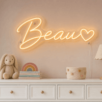 Beau Name LED Neon Sign - warm amber cursive script with heart on contour cut acrylic