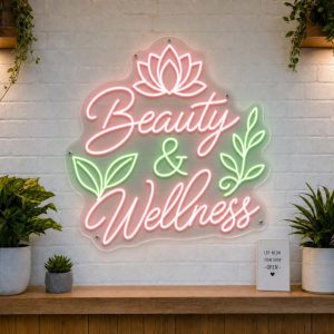Beauty and Wellness LED neon sign with lotus flower and spa stone icons on clear acrylic backing