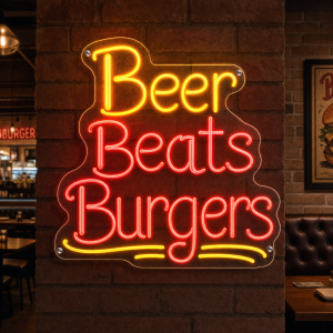 beer-beats-burgers-neon-sign Beer Beats Burgers neon sign glowing in bar setting