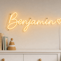 Benjamin Name LED Neon Sign - warm amber cursive script with heart on contour cut acrylic