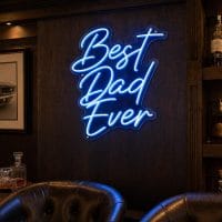 Custom Best Dad Ever LED neon sign for Father's Day gifts. Contour-cut acrylic backing, silver screw
