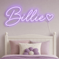 Billie Name LED Neon Sign - warm purple cursive script with heart on contour cut acrylic