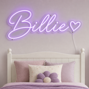 Billie Name LED Neon Sign - warm purple cursive script with heart on contour cut acrylic
