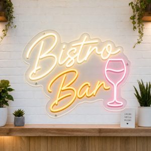 Bistro and Bar LED neon sign on clear acrylic backing mounted on white brick wall