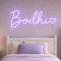 Bodhi Name LED Neon Sign - warm purple cursive script with heart on contour cut acrylic