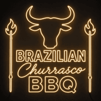 Brazilian Churrasco BBQ LED neon sign with bull head and skewers on dark wall