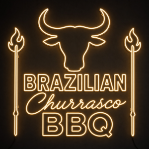 Brazilian Churrasco BBQ LED neon sign with bull head and skewers on dark wall