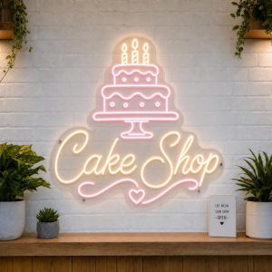 Cake Shop LED neon sign with tiered birthday cake icon on clear acrylic backing mounted on white brick wall