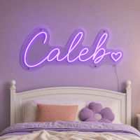 Caleb Name LED Neon Sign - electric purple cursive script with heart on contour cut acrylic