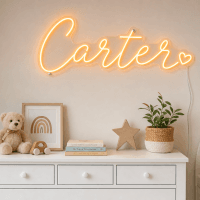 Carter Name LED Neon Sign - warm orange cursive script with heart on contour cut acrylic