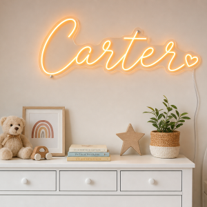 Carter Name LED Neon Sign - warm orange cursive script with heart on contour cut acrylic