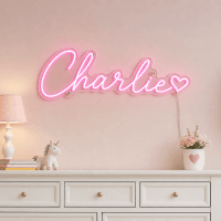 Charlie Name LED Neon Sign - hot pink cursive script with heart on contour cut acrylic