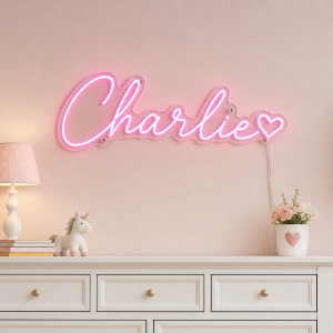 Charlie Name LED Neon Sign - hot pink cursive script with heart on contour cut acrylic