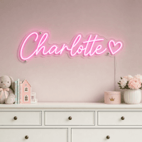 Charlotte Name LED Neon Sign - hot pink cursive script with heart on contour cut acrylic