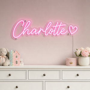 Charlotte Name LED Neon Sign - hot pink cursive script with heart on contour cut acrylic