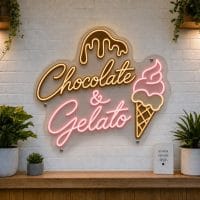 Chocolate and Gelato LED neon sign with gelato scoop and chocolate bar icons on clear acrylic backing