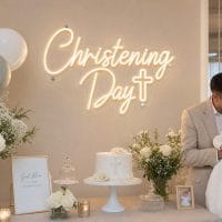 Custom Christening Day LED neon sign for christenings and baptisms. Contour-cut acrylic backing, sil
