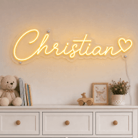 Christian Name LED Neon Sign - warm golden yellow cursive script with heart on contour cut acrylic