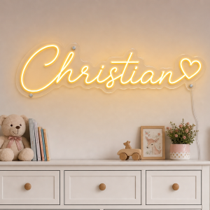 Christian Name LED Neon Sign - warm golden yellow cursive script with heart on contour cut acrylic