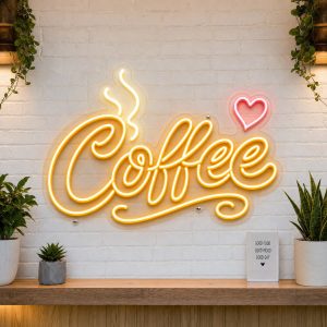 Coffee Script LED neon sign on clear acrylic backing mounted on white brick wall