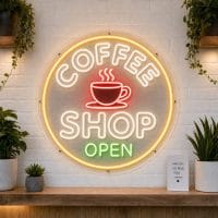 Coffee Shop Round Hanging Sign LED neon on circular clear acrylic backing mounted on white brick wall