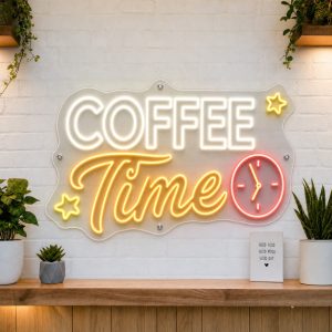 Coffee Time LED neon sign on clear acrylic backing mounted on white brick wall