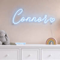 Connor Name LED Neon Sign - ice blue cursive script with heart on contour cut acrylic