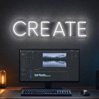 Create LED neon sign in white uppercase above editing desk in modern creator room
