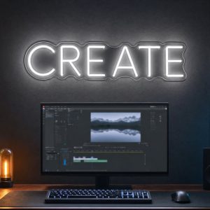 Create LED neon sign in white uppercase above editing desk in modern creator room