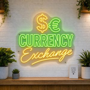 Currency Exchange LED neon sign with dollar and euro symbols on clear acrylic backing mounted on white brick wall