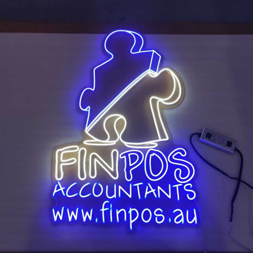 Custom neon sign for FINPOS Accountants with puzzle piece design in blue and white light Australia