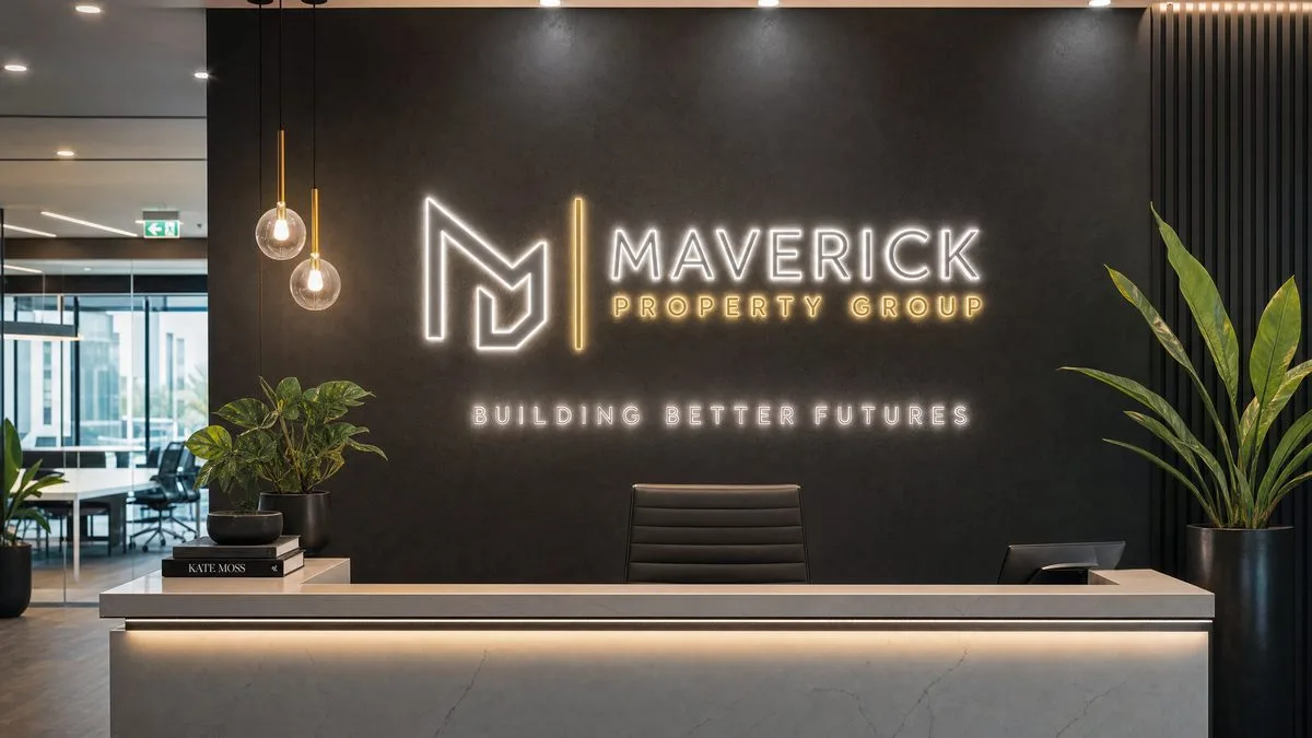 Custom neon sign on a business reception wall