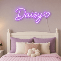 Daisy Name LED Neon Sign - electric purple cursive script with heart on contour cut acrylic