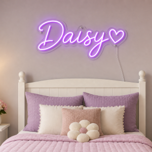 Daisy Name LED Neon Sign - electric purple cursive script with heart on contour cut acrylic
