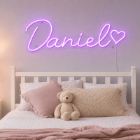 Daniel Name LED Neon Sign - electric purple cursive script with heart on contour cut acrylic