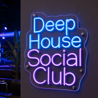 Deep House Social Club LED neon sign on wall