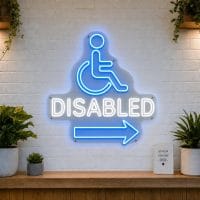 Disabled Toilet LED neon sign with wheelchair accessibility symbol on clear acrylic backing