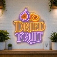 Dried Fruit LED neon sign with dried apricot, cranberry, and raisin icons on clear acrylic backing