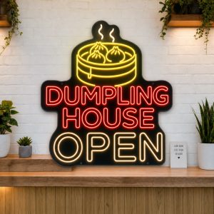 Dumpling House Open LED neon sign on clear acrylic backing mounted on white brick wall