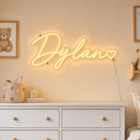 Dylan Name LED Neon Sign - warm golden yellow cursive script with heart on contour cut acrylic