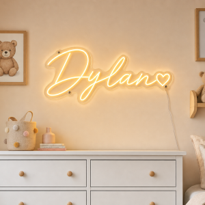Dylan Name LED Neon Sign - warm golden yellow cursive script with heart on contour cut acrylic