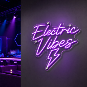 Electric Vibes Neon Sign glowing in a music venue