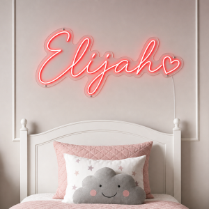 Elijah Name LED Neon Sign - vivid red cursive script with heart on contour cut acrylic