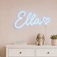 Ella Name LED Neon Sign - ice blue cursive script with heart on contour cut acrylic