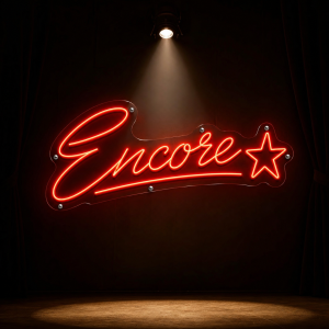 Encore LED neon sign glowing on wall