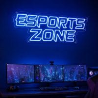 Custom Esports Zone LED neon sign for gaming rooms and esports setups. Contour-cut acrylic backing,