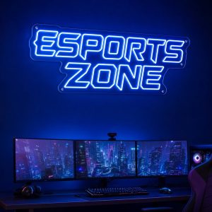 Custom Esports Zone LED neon sign for gaming rooms and esports setups. Contour-cut acrylic backing,